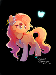 Size: 900x1200 | Tagged: safe, artist:starfallmoonlight, derpibooru import, fluttershy, butterfly, pegasus, pony, black background, feather, female, flower, glitter, long mane, simple background, solo