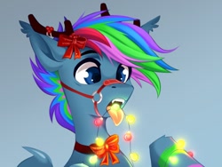 Size: 1200x900 | Tagged: safe, artist:buvanybu, derpibooru import, oc, oc only, pegasus, pony, antlers, bow, bridle, christmas, christmas lights, fangs, holiday, open mouth, reindeer antlers, simple background, solo, tack, this will end in death, this will end in electrocution, this will not end well, tongue, tongue out, too dumb to live