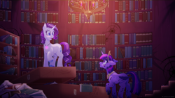 Size: 1920x1080 | Tagged: safe, artist:willoillo, derpibooru import, rarity, twilight sparkle, twilight sparkle (alicorn), alicorn, unicorn, fanfic:the enchanted library, big crown thingy, book, bookshelf, chandelier, element of magic, fanfic art, female, jewelry, lesbian, library, rarilight, regalia, romance, shipping