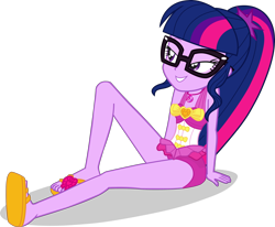 Size: 2636x2172 | Tagged: safe, alternate version, artist:dustinwatsongkx, derpibooru import, sci-twi, twilight sparkle, human, equestria girls, accessory swap, bare shoulders, clothes, clothes swap, female, geode of sugar bombs, glasses, magical geodes, one-piece swimsuit, pinkie pie swimsuit, simple background, sleeveless, solo, swimsuit, swimsuit swap, transparent background