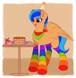 Size: 2107x2160 | Tagged: safe, artist:vetta, derpibooru import, oc, oc only, oc:eclair winglain, pegasus, pony, bandana, birthday, birthday cake, cake, clothes, cute, female, food, hat, kerchief, mare, party hat, pegasus oc, rainbow colors, rainbow socks, simple background, socks, solo, spread wings, striped socks, wings