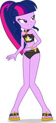 Size: 2110x4627 | Tagged: safe, artist:dustinwatsongkx, derpibooru import, sci-twi, twilight sparkle, human, better together, equestria girls, accessory swap, bare shoulders, bikini, bikini bottom, clothes, clothes swap, feet, geode of empathy, magical geodes, missing accessory, no glasses, sandals, simple background, sleeveless, solo, sunset shimmer swimsuit, sunset shimmer's beach shorts swimsuit, swimsuit, swimsuit swap, transparent background, vector