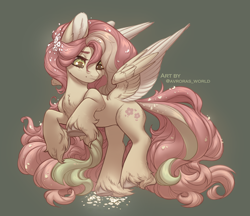 Size: 2600x2250 | Tagged: safe, artist:avroras_world, derpibooru import, fluttershy, pegasus, pony, chest fluff, ear fluff, ears, female, flower, flower in hair, green background, green eyes, long hair, long mane, long tail, mare, redesign, simple background, smiling, solo, tail, wings