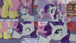 Size: 4400x2475 | Tagged: safe, derpibooru import, edit, edited screencap, editor:quoterific, screencap, fluttershy, opalescence, rarity, sweetie belle, cat, pegasus, pony, unicorn, stare master, carousel boutique, sewing machine