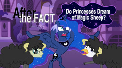 Size: 1024x576 | Tagged: safe, artist:mlp-silver-quill, derpibooru import, princess luna, oc, oc:silver quill, oc:voice of reason, alicorn, earth pony, hippogriff, pony, do princesses dream of magic sheep, after the fact, screaming, title card, trio, youtube link