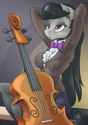 Size: 955x1351 | Tagged: safe, artist:mysticalpha, derpibooru import, octavia melody, anthro, earth pony, arm behind head, bowtie, breasts, button-up shirt, cello, clothes, female, lidded eyes, musical instrument, orbtavia, pants, pantyhose, shading, shirt, sitting, skirt, solo