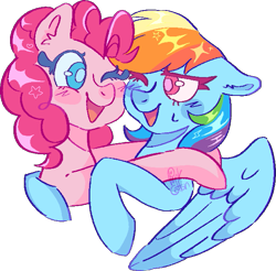 Size: 631x622 | Tagged: safe, artist:troublelooksforme, derpibooru import, pinkie pie, rainbow dash, earth pony, pegasus, pony, duo, female, hug, one eye closed, simple background, transparent background