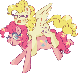 Size: 943x890 | Tagged: safe, artist:troublelooksforme, derpibooru import, pinkie pie, surprise, earth pony, pegasus, pony, duo, eyes closed, female, one eye closed, simple background, transparent background