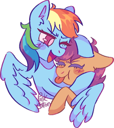 Size: 598x671 | Tagged: safe, artist:troublelooksforme, derpibooru import, rainbow dash, scootaloo, pegasus, pony, blushing, duo, eyes closed, female, hug, one eye closed, open mouth, scootalove, simple background, tongue, tongue out, transparent background