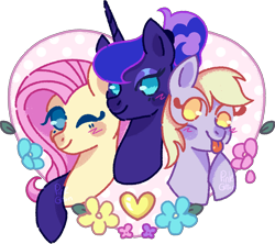 Size: 1164x1033 | Tagged: safe, artist:troublelooksforme, derpibooru import, derpy hooves, fluttershy, princess luna, alicorn, pegasus, pony, female, hug, one eye closed, simple background, tongue, tongue out, transparent background, trio, wink