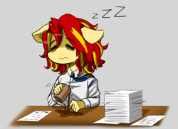 Size: 2648x1924 | Tagged: safe, artist:daazzlin, derpibooru import, sunset shimmer, anthro, coffee, cropped, female, gray background, paperwork, simple background, solo, tired