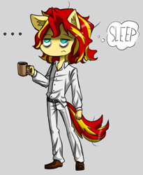 Size: 2272x2768 | Tagged: safe, artist:daazzlin, derpibooru import, sunset shimmer, anthro, coffee, cropped, female, gray background, simple background, thought bubble, tired