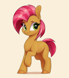 Size: 3200x3600 | Tagged: safe, artist:aquaticvibes, derpibooru import, babs seed, earth pony, pony, female, filly, foal, high res, raised hoof, raised leg, simple background, smiling, solo