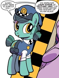 Size: 750x987 | Tagged: safe, artist:kate sherron, derpibooru import, idw, leigh stride, twilight sparkle, twilight sparkle (alicorn), alicorn, earth pony, pony, g4, spoiler:comic, spoiler:comic83, dialogue, female, mare, police, police officer, police pony, police uniform, solo focus, speech bubble