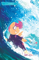 Size: 750x1155 | Tagged: safe, artist:justasuta, derpibooru import, idw, rainbow dash, scootaloo, pegasus, pony, g4, comic cover, female, filly, foal, mare, solo focus, surfing, wetsuit