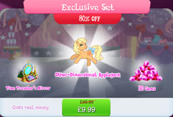 Size: 1266x861 | Tagged: safe, derpibooru import, applejack (g1), earth pony, pony, g1, book, bow, bundle, bush, curtains, english, female, freckles, gameloft, gem, mare, mirror, numbers, official, quill, sale, solo, solo focus, tail, tail bow, text