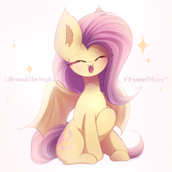 Size: 2200x2200 | Tagged: safe, artist:miryelis, derpibooru import, fluttershy, bat pony, pony, bat ponified, big ears, cute, ears, eyes closed, fangs, flutterbat, full body, impossibly large ears, looking at you, open mouth, open smile, race swap, shyabates, shyabetes, simple background, sitting, smiling, smiling at you, solo, sparkles, spread wings, text, white background, wings
