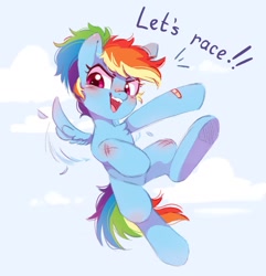 Size: 1010x1049 | Tagged: safe, artist:melodylibris, derpibooru import, rainbow dash, pegasus, pony, bandaid, bandaid on nose, dialogue, female, filly, filly rainbow dash, flying, foal, open mouth, ponytail, redraw, scrapes, solo, talking to viewer, underhoof, younger