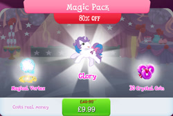 Size: 1268x854 | Tagged: safe, derpibooru import, idw, glory, pony, unicorn, g1, g4, bow, bundle, costs real money, english, female, gameloft, horn, magic, mare, numbers, official, sale, solo, solo focus, tail, tail bow, text, vortex