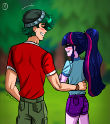 Size: 993x1120 | Tagged: safe, artist:daazzlin, derpibooru import, sci-twi, timber spruce, twilight sparkle, equestria girls, blushing, camp everfree outfits, cropped, duo, female, male, shipping, straight, timbertwi