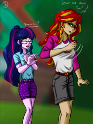 Size: 991x1317 | Tagged: safe, artist:daazzlin, derpibooru import, sci-twi, sunset shimmer, twilight sparkle, equestria girls, angry, camp everfree outfits, cropped, duo, female