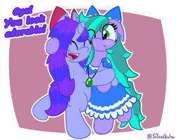 Size: 2772x2205 | Tagged: safe, artist:silvaqular, derpibooru import, oc, earth pony, pony, unicorn, best friends, blue, blurple, bow, clothes, colorful, cuddling, cyan, dress, fluffy mane, happy, hug, jewelry, joy, joyful, necklace, pointy mane, purple, snuggling