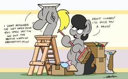 Size: 2450x1512 | Tagged: safe, artist:bobthedalek, derpibooru import, oc, oc only, oc:mixed melody, oc:octavia's father, oc:octavia's mother, oc:ostinato melody, earth pony, pony, bauble, bipedal, box, broom, comic, decoration, dialogue, earth pony oc, female, ladder, male, mare, stallion, stuck, tinsel