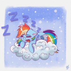 Size: 1280x1280 | Tagged: safe, artist:galaxy swirl, derpibooru import, rainbow dash, pegasus, pony, cloud, cute, dashabetes, onomatopoeia, sleeping, snoring, snow, snowfall, solo, sound effects, zzz