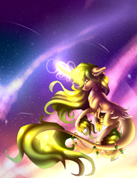 Size: 2144x2798 | Tagged: safe, artist:aquasky987, derpibooru import, oc, oc only, pony, unicorn, ear piercing, earring, female, glowing, glowing horn, horn, jewelry, mare, night, piercing, solo, stars, unicorn oc