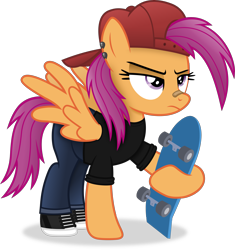Size: 3657x3891 | Tagged: safe, artist:anime-equestria, derpibooru import, scootaloo, pegasus, pony, alternate hairstyle, backwards ballcap, bandaid, bandaid on nose, baseball cap, cap, clothes, denim, ear piercing, eyebrows, female, frown, hat, high res, jeans, mare, older, older scootaloo, pants, piercing, shoes, simple background, skateboard, solo, spread wings, transparent background, vector, wings