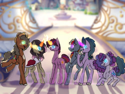 Size: 1024x768 | Tagged: safe, artist:chloemaej, derpibooru import, oc, oc only, oc:bright rainbell, oc:green appleshoe, oc:luminanceburst, oc:purple partypie, oc:saria saviour, oc:sirius elight, dracony, earth pony, hybrid, pegasus, pony, unicorn, cape, clothes, cowboy hat, glowing, glowing eyes, glowing horn, hat, horn, interspecies offspring, offspring, parent:applejack, parent:dumbbell, parent:fluttershy, parent:king sombra, parent:party favor, parent:pinkie pie, parent:rainbow dash, parent:rarity, parent:spike, parent:sunburst, parent:trouble shoes, parent:twilight sparkle, parents:dumbdash, parents:partypie, parents:sombrashy, parents:sparity, parents:troublejack, parents:twiburst