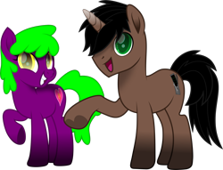 Size: 1768x1350 | Tagged: safe, artist:lincolnbrewsterfan, artist:luckreza8, derpibooru exclusive, derpibooru import, oc, oc:dark driveology, oc:rose love, earth pony, unicorn, .svg available, 2023 community collab, base used, black mane, black tail, brown, computer, couple, derpibooru community collaboration, duo, earth pony oc, female, flower, gift art, golden eyes, green eyes, green mane, green tail, heart, hoof heart, horn, inkscape, looking at you, male, male and female, oc request, oc x oc, purple, raised hoof, raised leg, request, requested art, rose, screwdriver, shipping, simple background, smiling, smiling at you, stallion oc, svg, tail, transparent background, underhoof, unicorn oc, vector, wrench