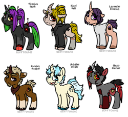 Size: 3064x2797 | Tagged: safe, artist:sexygoatgod, derpibooru import, oc, oc only, oc:bubbles bright, oc:burning rubber, oc:heart cracker, oc:lavender frosting, oc:pixel split, oc:titanium spark, cyborg, pony, undead, unicorn, zombie, adoptable, bandana, chibi, clothes, female, hoodie, male, simple background, socks, stockings, sweater, thigh highs, transparent background, turtleneck, unshorn fetlocks