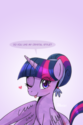 Size: 1500x2261 | Tagged: safe, artist:tsudashie, derpibooru import, twilight sparkle, twilight sparkle (alicorn), alicorn, crystal pony, pony, ;p, alternate hairstyle, crystallized, cute, cutie mark, eye clipping through hair, female, hair bun, heart, looking at you, mare, one eye closed, simple background, smiling, spread wings, text, the crystal empire 10th anniversary, tongue, tongue out, twiabetes, wings, wink, winking at you