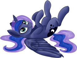 Size: 4859x3650 | Tagged: artist needed, safe, derpibooru import, princess luna, alicorn, pony, absurd resolution, cute, female, looking at you, lunabetes, lying down, mare, on back, simple background, smiling, smiling at you, solo, spread wings, transparent background, wings