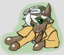 Size: 1050x900 | Tagged: safe, artist:trefoiler, derpibooru import, oc, oc:bellamy, earth pony, clothes, coat, colored, daybreak island, goggles, longcoat, looking at you, male, simple background, smiling, solo, stallion