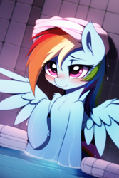 Size: 512x768 | Tagged: safe, derpibooru import, generator:novelai, generator:stable diffusion, machine learning generated, rainbow dash, pegasus, pony, bedroom eyes, blushing, chest fluff, female, hot tub, mare, solo, towel, towel on head, wet