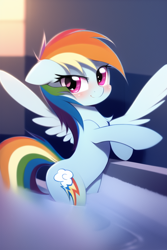 Size: 512x768 | Tagged: safe, derpibooru import, generator:novelai, generator:stable diffusion, machine learning generated, rainbow dash, pegasus, pony, bipedal, blushing, chest fluff, female, hot tub, mare, solo