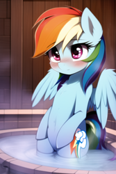 Size: 512x768 | Tagged: safe, derpibooru import, generator:novelai, generator:stable diffusion, machine learning generated, rainbow dash, pegasus, pony, belly button, bipedal, blushing, chest fluff, cute, female, hot tub, legs in the water, mare, solo, water