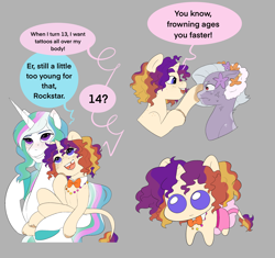 Size: 2546x2390 | Tagged: safe, artist:aztrial, derpibooru import, princess celestia, oc, oc:evening glow, oc:limelight sugarplum, alicorn, classical unicorn, earth pony, pony, unicorn, cloven hooves, female, filly, foal, gray background, leonine tail, magical lesbian spawn, offspring, parent:babs seed, parent:cheerilee, parent:princess celestia, parent:silver spoon, parents:cheerilestia, simple background, unshorn fetlocks, yippee