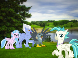 Size: 2400x1800 | Tagged: safe, artist:dashiesparkle, artist:jhayarr23, artist:shootingstarsentry, derpibooru import, gabby, silverstream, sky beak, terramar, classical hippogriff, griffon, hippogriff, feathered fetlocks, female, group, high res, irl, jewelry, lake, male, necklace, north dakota, photo, ponies in real life, story included, water