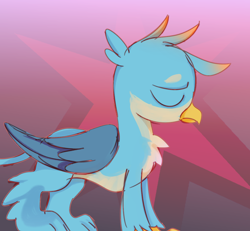 Size: 1080x1000 | Tagged: artist needed, source needed, safe, derpibooru import, gallus, griffon, abstract background, eyes closed, male, solo, upset