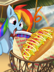 Size: 2480x3257 | Tagged: safe, artist:neoshrek, derpibooru import, rainbow dash, pegasus, pony, drink, female, food, mare, open mouth, open smile, rain, rainbow, smiling, solo, tongue, tongue out