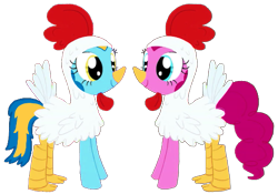 Size: 523x366 | Tagged: safe, artist:heil ric, derpibooru import, pinkie pie, oc, oc:general mumble, bird, chicken, earth pony, pony, animal costume, chicken pie, chicken suit, clothes, costume, duo, female, looking at each other, looking at someone, mare, nightmare night costume, simple background, smiling, transparent background, youtube link