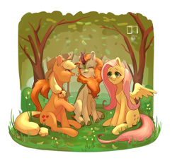 Size: 3056x2824 | Tagged: safe, artist:induk13, derpibooru import, applejack, autumn blaze, fluttershy, earth pony, kirin, pegasus, pony, eyes closed, female, forest, high res, mare, open mouth, open smile, sitting, smiling, trio