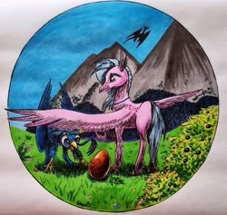 Size: 2891x2735 | Tagged: safe, artist:cahandariella, derpibooru import, gallus, silverstream, classical hippogriff, dragon, griffon, hippogriff, blueberry, egg, female, food, gallstream, implied smolder, inktober, male, mountain, mountain range, parent:smolder, shipping, simple background, straight, traditional art