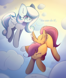 Size: 1900x2250 | Tagged: safe, artist:miryelis, derpibooru import, scootaloo, oc, oc:snowdrop, pegasus, pony, cloud, flying, full body, scootaloo can fly, simple background, smiling, text, wings