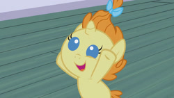 Size: 3072x1727 | Tagged: safe, derpibooru import, screencap, pumpkin cake, pony, unicorn, baby cakes, season 2, baby, baby pony, cute, female, filly, foal, high res, open mouth, open smile, pumpkinbetes, smiling, solo