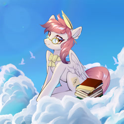 Size: 3000x3000 | Tagged: safe, artist:米蕾塔, derpibooru import, oc, oc only, oc:芳棠, pegasus, pony, book, bowtie, cloud, cutie mark, female, glasses, mare, quill, solo