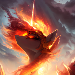 Size: 1408x1408 | Tagged: safe, derpibooru import, editor:mr-bat, generator:stable diffusion, machine learning generated, daybreaker, alicorn, pony, cloud, crown, dark clouds, fire, horn, jewelry, looking up, mane of fire, painted, regalia, smoke, solo, sun